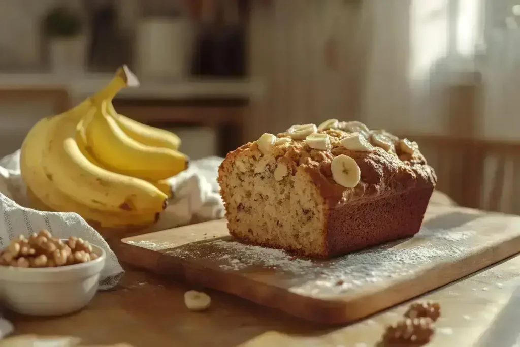 A freshly baked banana bread loaf on a wooden board with ripe bananas and walnuts.