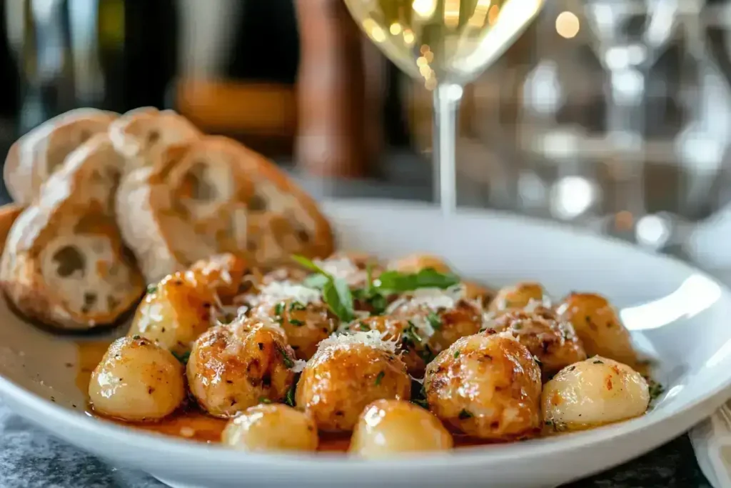 Served Tuscan chicken meatballs with gnocchi and wine