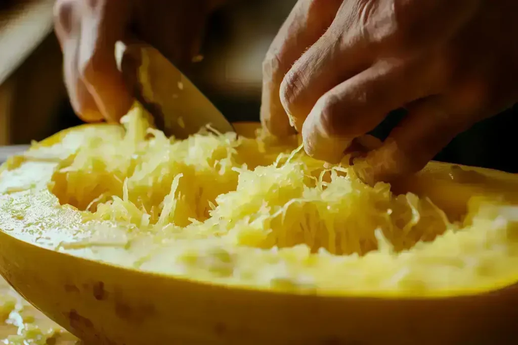 Slicing and cleaning a spaghetti squash for crockpot cooking.