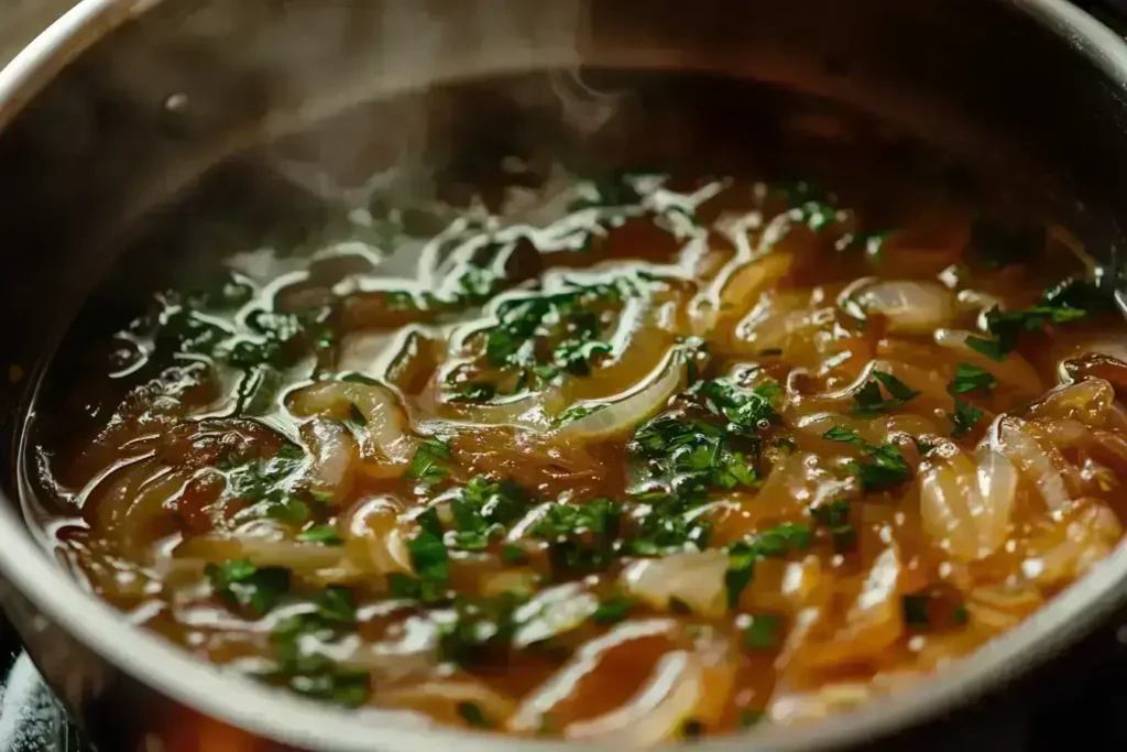 Simmering French onion soup in a pot.