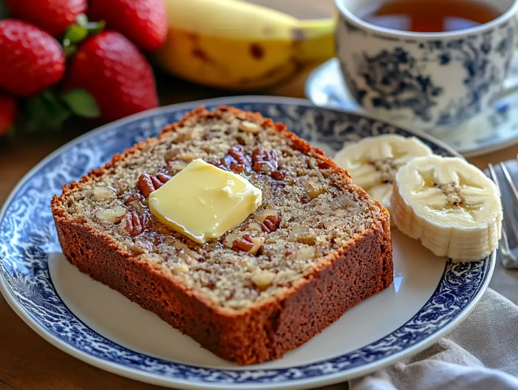 A slice of banana pecan bread served with butter and tea.