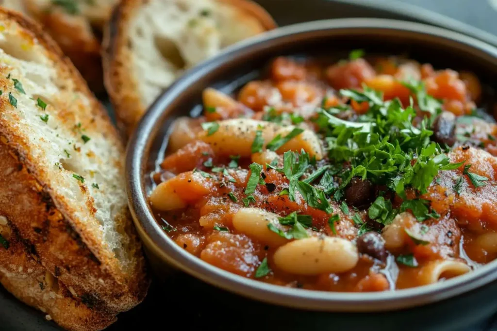 A bowl of Barefoot Contessa Pasta Fagioli served with garlic bread and garnished with parsley and olive oil.