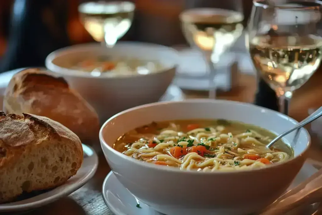 A table set with bowls of vegetarian chicken noodle soup, bread, and wine.