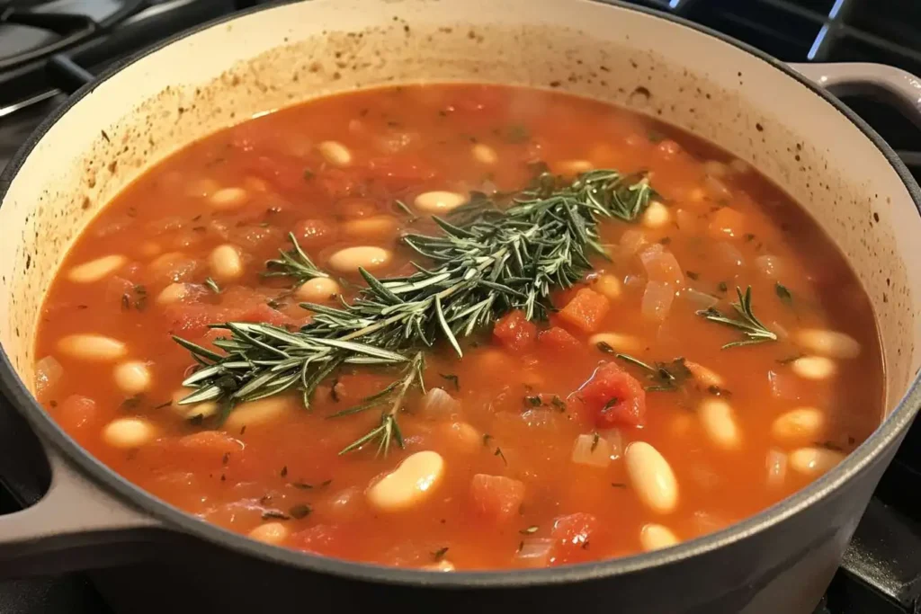 A pot of Barefoot Contessa Pasta Fagioli simmering on the stove with visible beans, tomatoes, and rosemary.