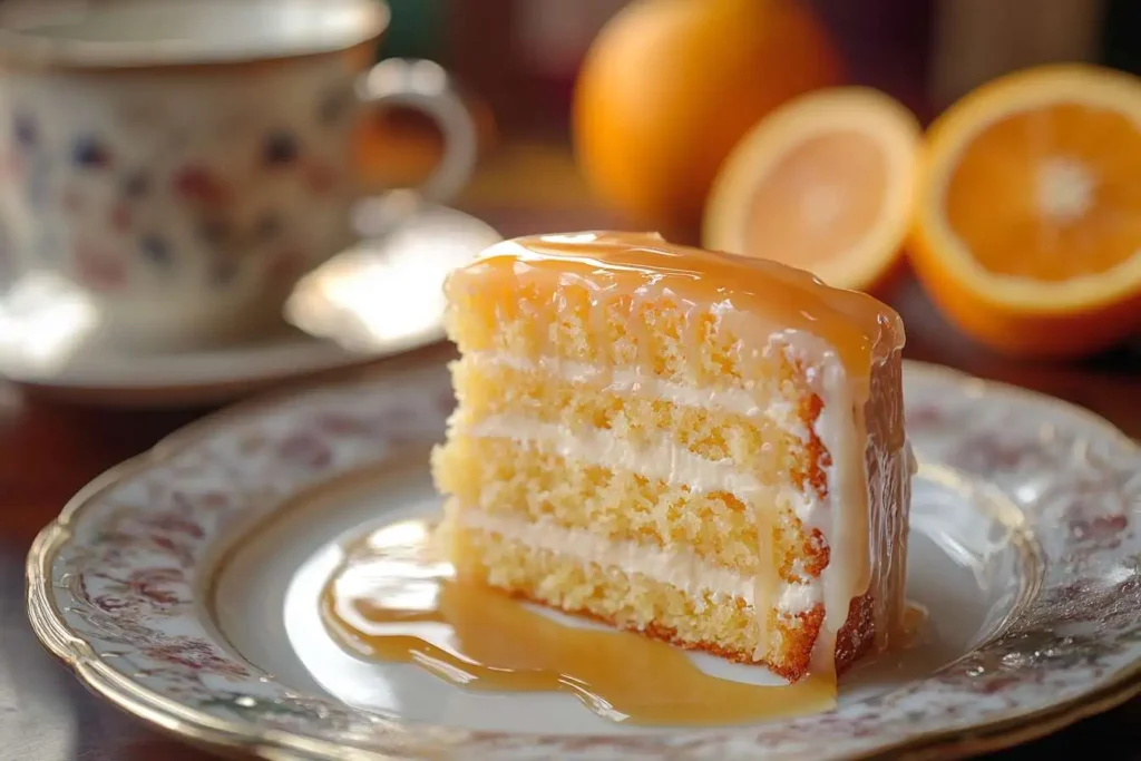 A slice of Orange Blossom Cake with orange glaze on a vintage plate.