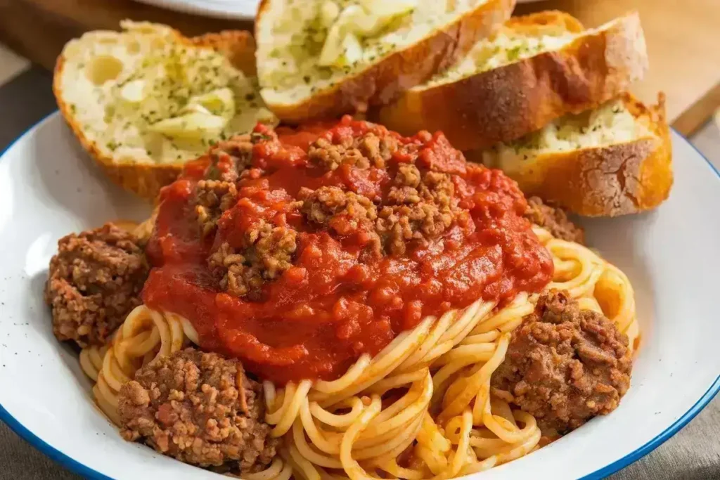 Spaghetti Bolognese served with garlic bread on a white plate.