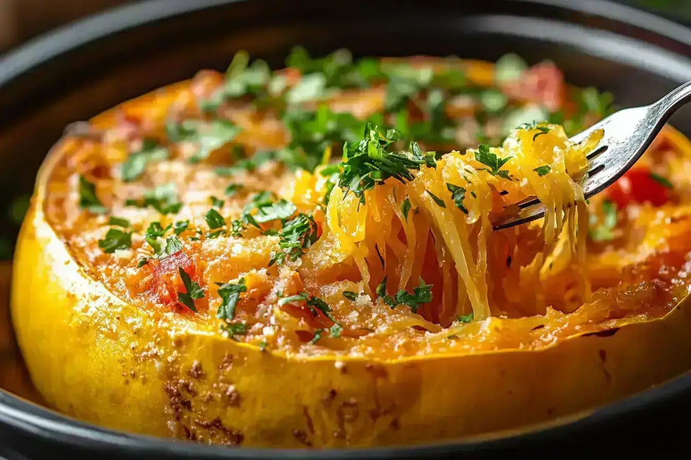 Cooked spaghetti squash strands being separated with a fork in a crockpot