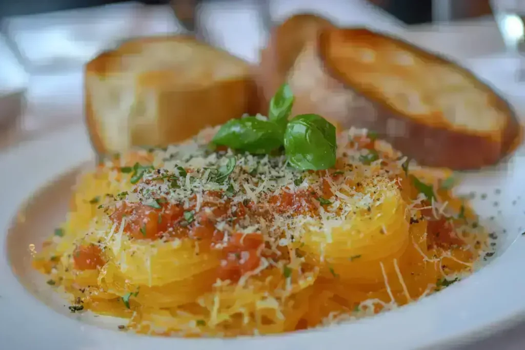 Spaghetti squash served with marinara sauce and parmesan cheese on a white plate.