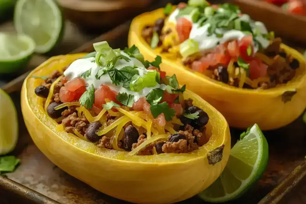 Two spaghetti squash halves stuffed with a savory taco filling, topped with melted cheese and garnished with sour cream and cilantro.