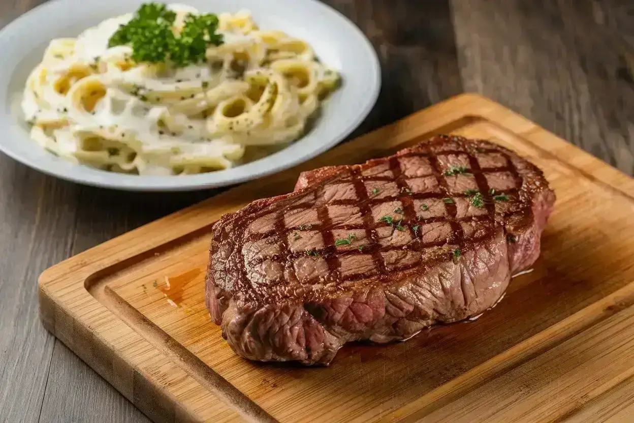 Seared steak with creamy fettuccine Alfredo garnished with parsley.