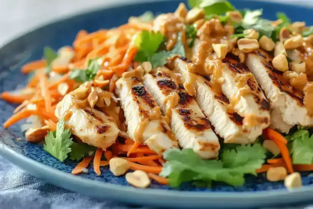 Thai chicken salad with grilled chicken, carrots, and peanut dressing.