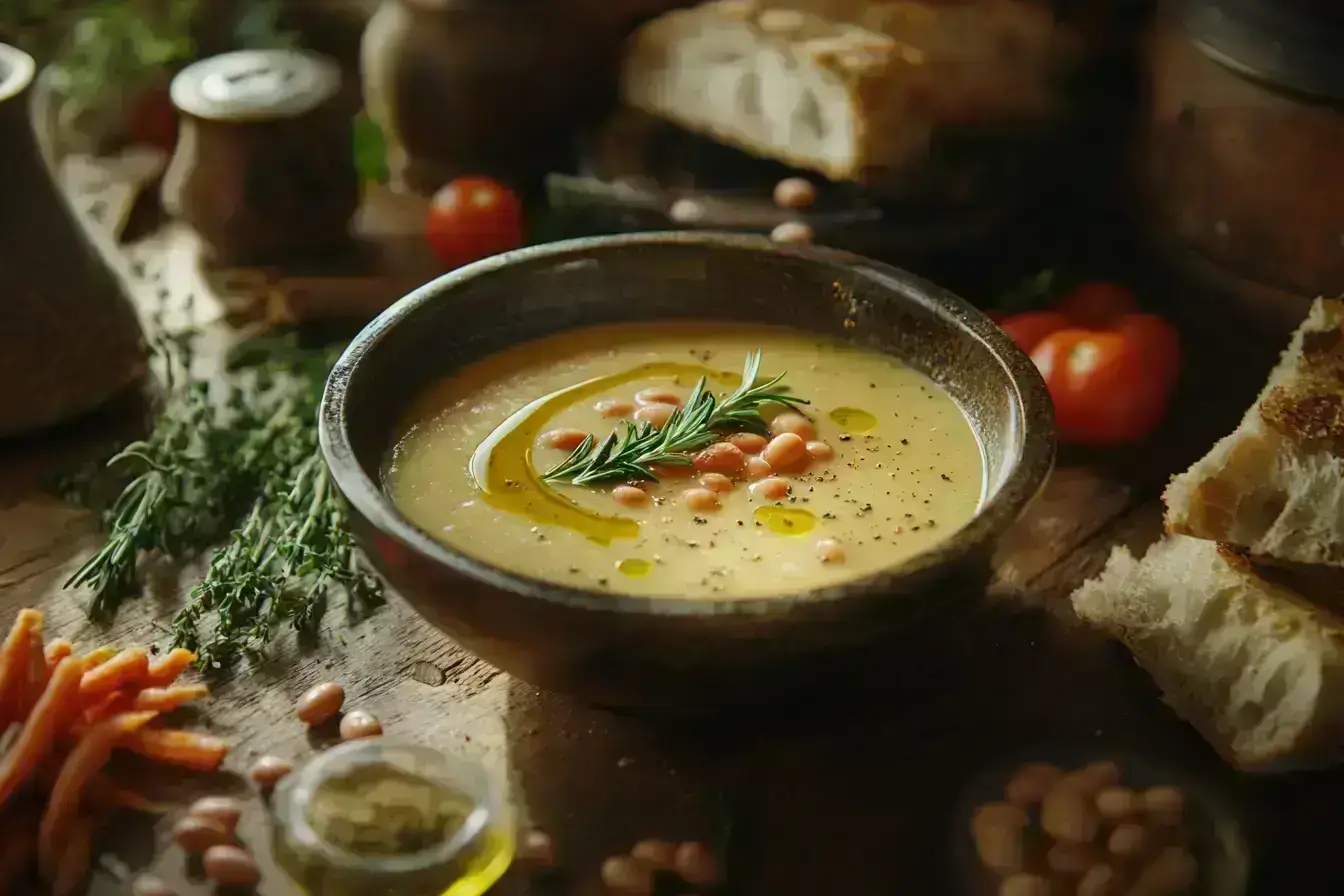 Rustic bowl of Tuscan Bean Soup with rosemary garnish, surrounded by fresh ingredients on a wooden table.