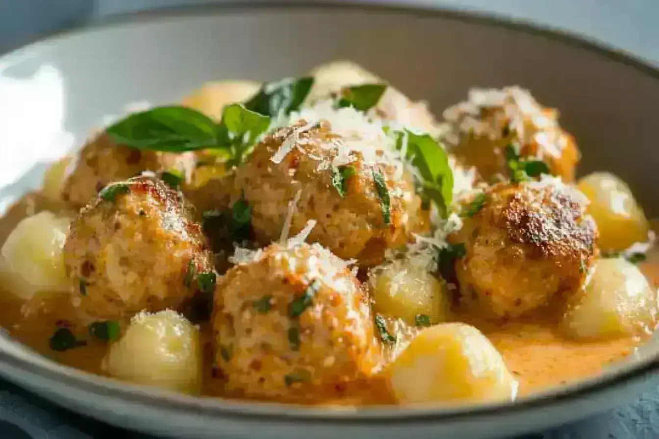 Tuscan chicken meatballs with gnocchi in creamy sauce.