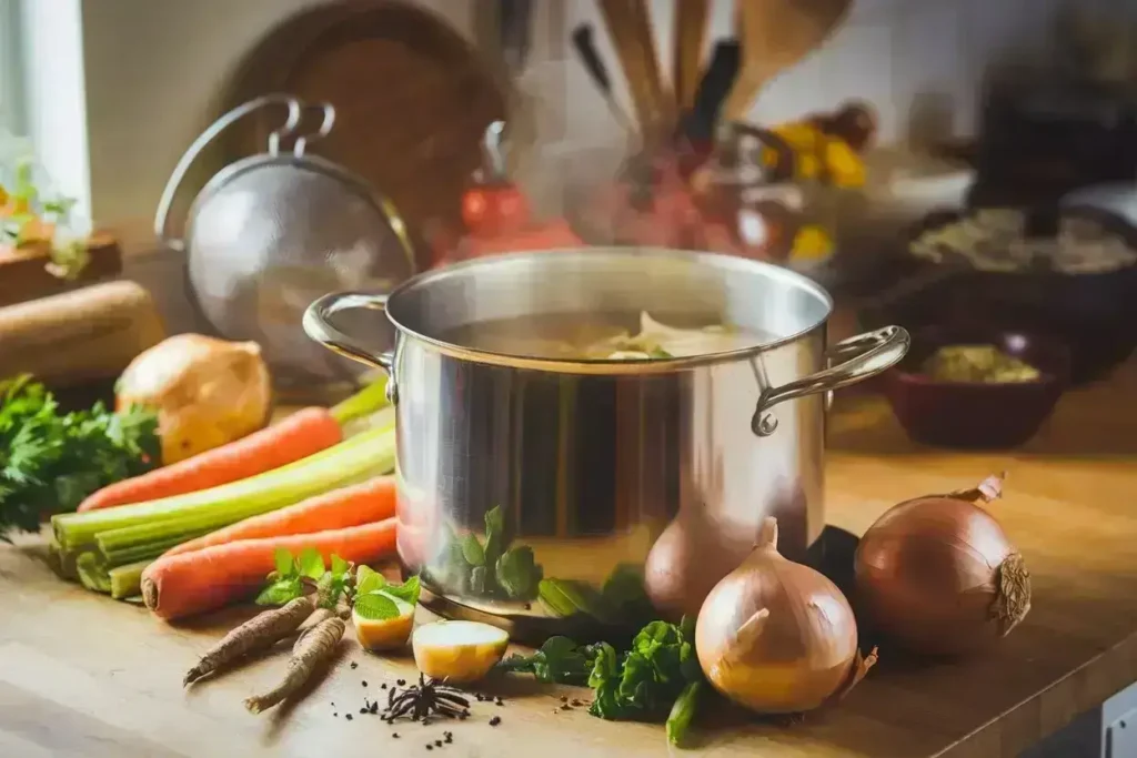 Homemade vegetarian chicken broth with fresh ingredients on a kitchen counter