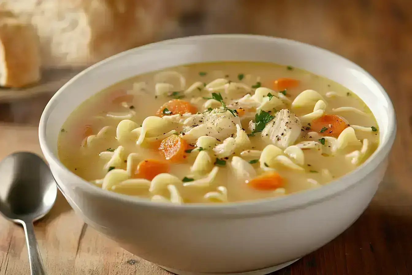 A bowl of steaming vegetarian chicken noodle soup garnished with parsley.