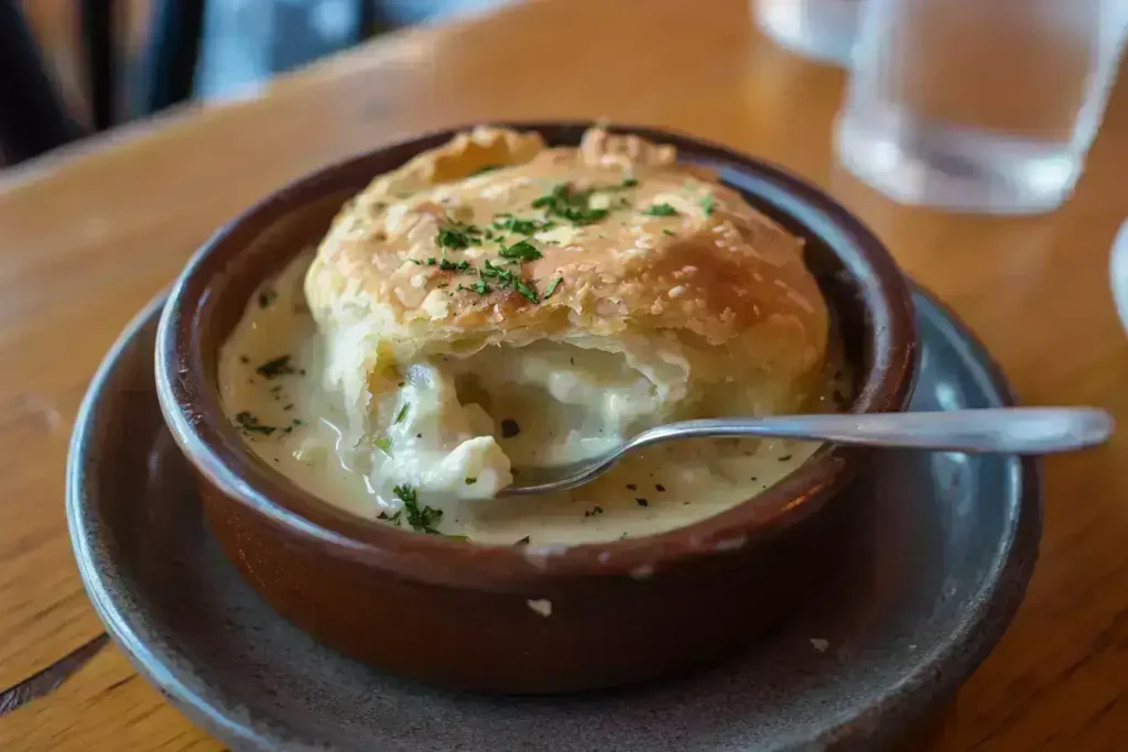 Vegetarian pot pie made with plant-based chicken broth