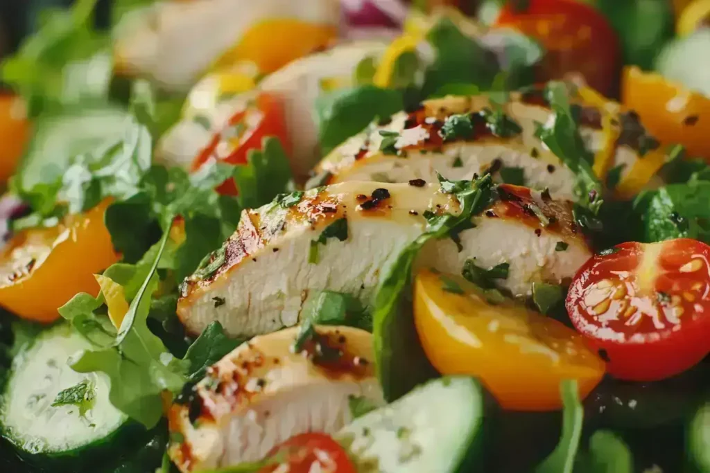 Lemon herb chicken salad with fresh vegetables and vinaigrette.