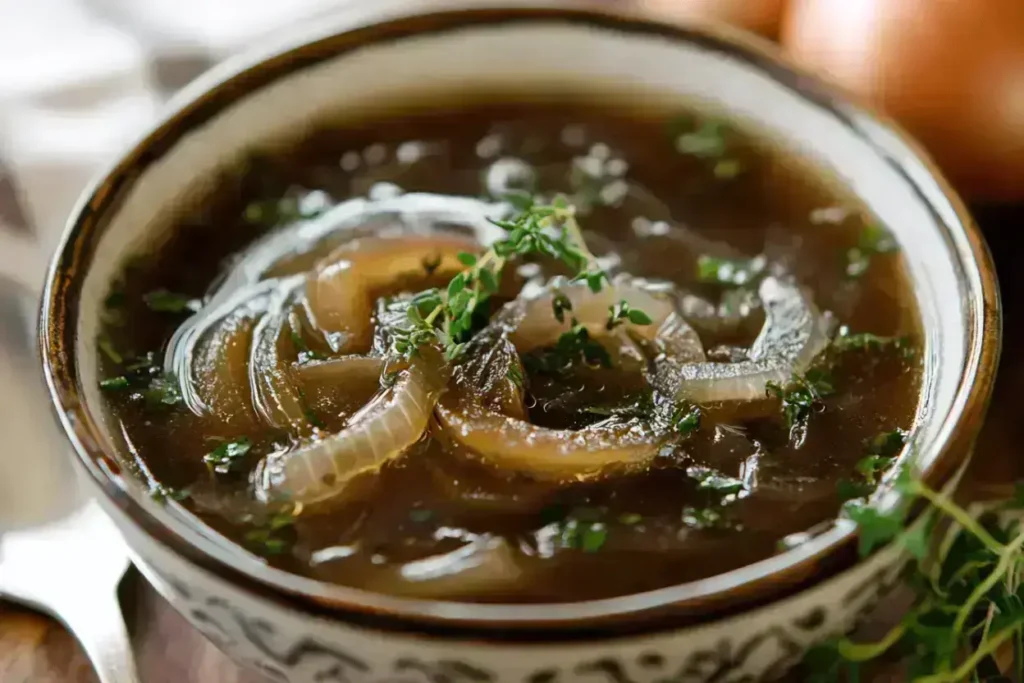 A bowl of broth with caramelized onions and herbs as a French onion soup mix substitute