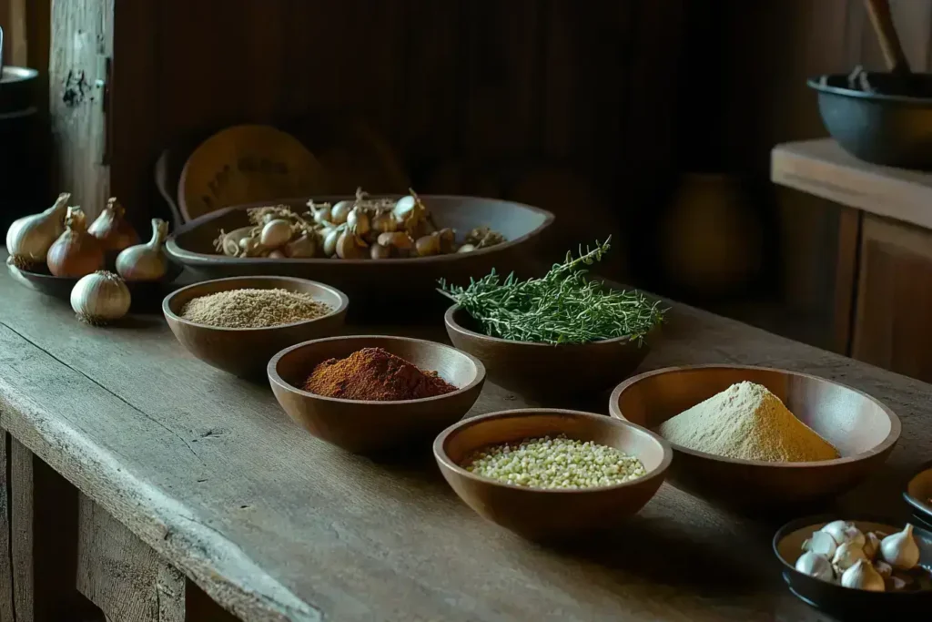 Ingredients for substitutes for French onion soup mix on a rustic kitchen countertop.