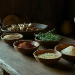 Ingredients for substitutes for French onion soup mix on a rustic kitchen countertop.