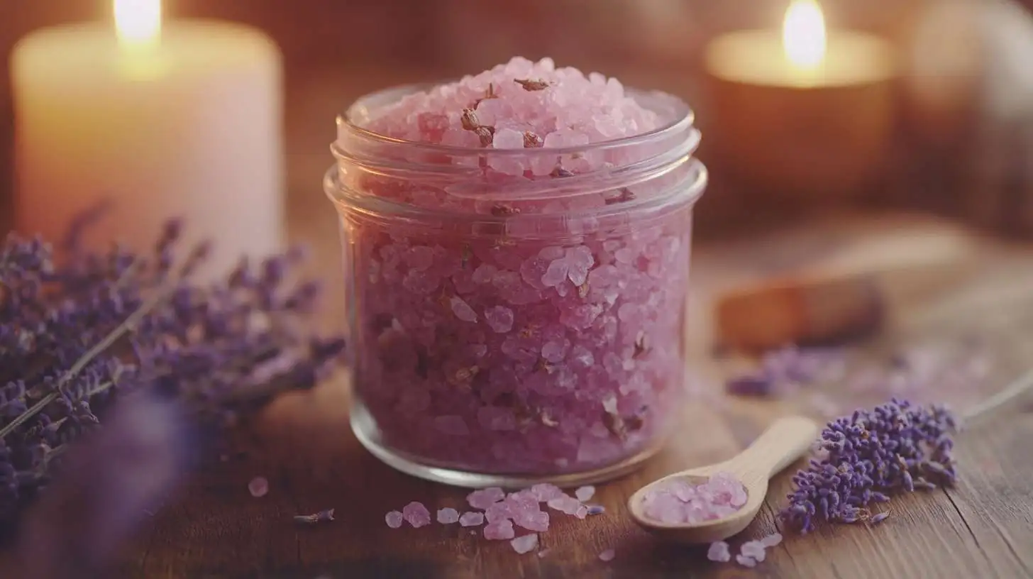 Homemade bath salts in a glass jar with dried lavender and a wooden spoon, set in a spa-like ambiance