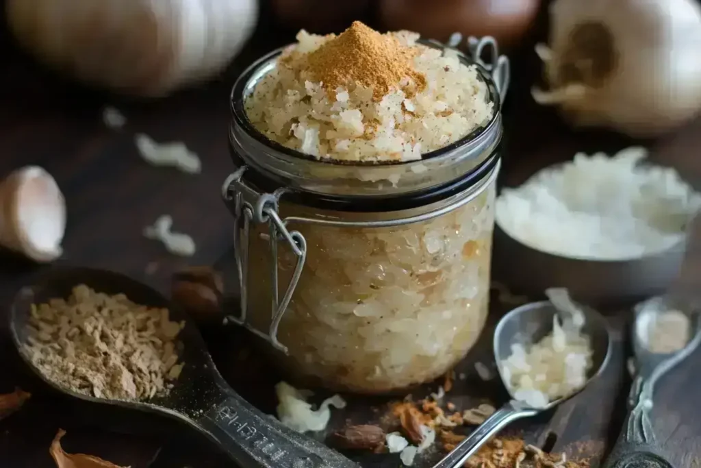 Homemade French onion soup mix in a glass jar with spices around it