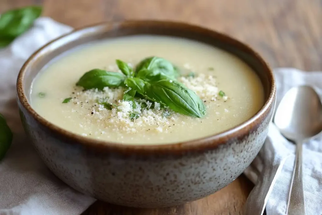 A bowl of Marry Me Chicken Soup served with a side of garlic bread.