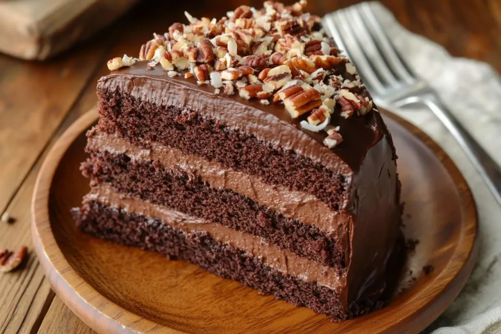  A slice of Publix German Chocolate Cake showing moist chocolate layers and coconut-pecan frosting.