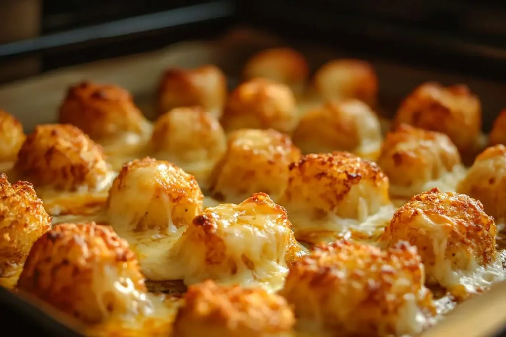 Tater tots baking in the oven with cheese melting on top