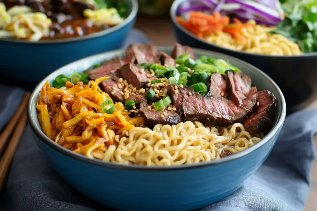 Three variations of beef ramen: spicy miso, creamy coconut, and traditional Japanese-style.