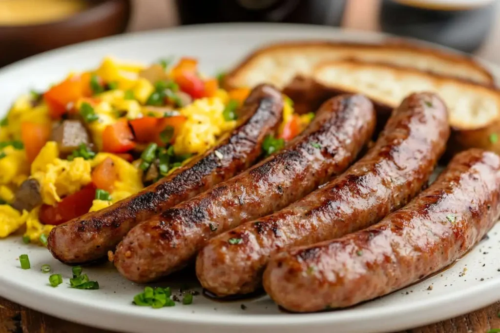 A hearty breakfast plate with sliced beef sausage, fluffy scrambled eggs, toast, and sautéed vegetables.