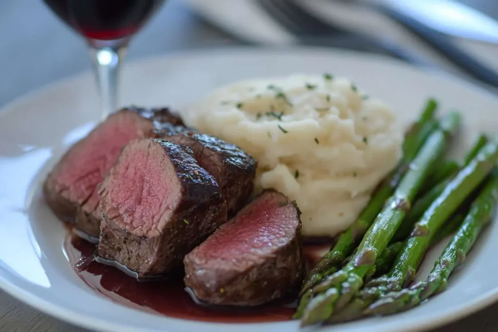 Beef tip tenderloin served with mashed potatoes, asparagus, and red wine on a dinner plate.