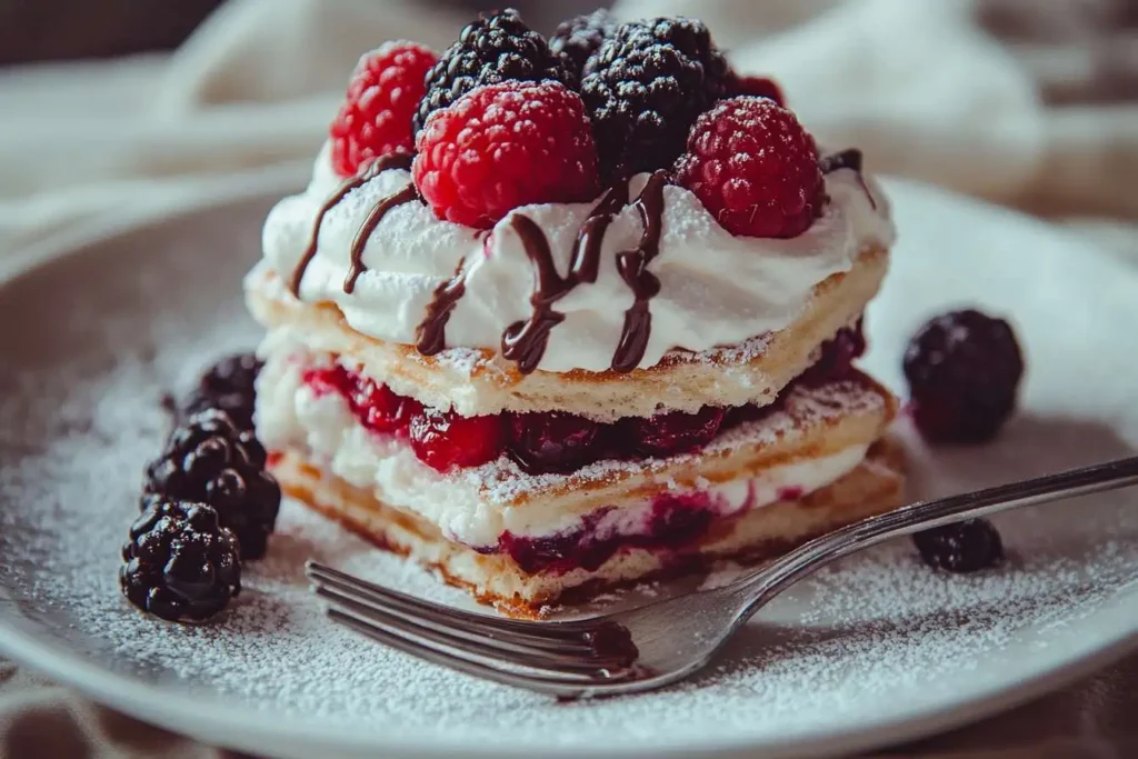 A stack of Belgian sugar waffles with fresh fruit, whipped cream, and chocolate drizzle.