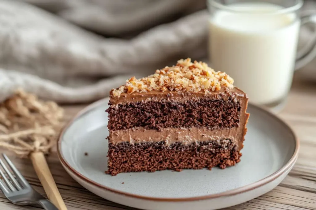  A slice of Publix German Chocolate Cake paired with coffee and milk on a cozy wooden table.