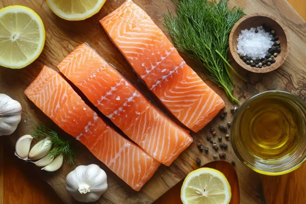 Fresh steelhead trout fillets with lemon, garlic, olive oil, and herbs on a wooden board.