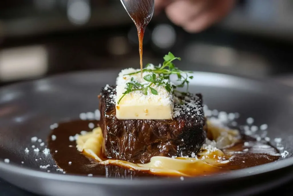 Plated beef cheeks with pasta and rich sauce.