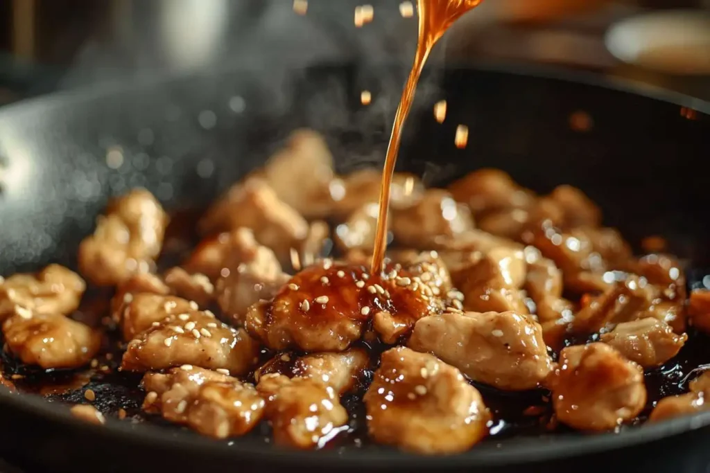 Chicken pieces sizzling in a pan as a thick, glossy sauce is poured over them, caramelizing into a flavorful glaze.