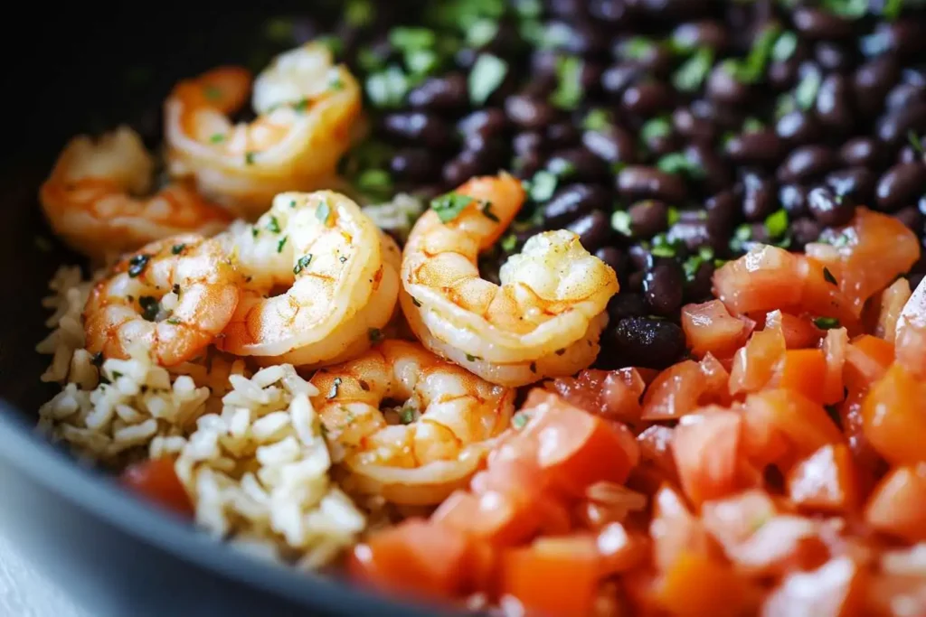 A skillet with shrimp, black beans, and rice simmering together with fresh herbs and tomatoes.