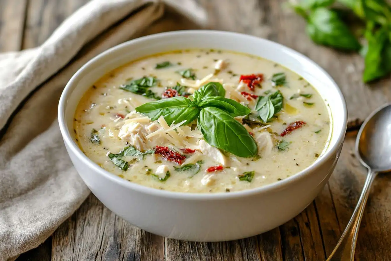 A warm bowl of Marry Me Chicken Soup garnished with fresh basil and Parmesan.