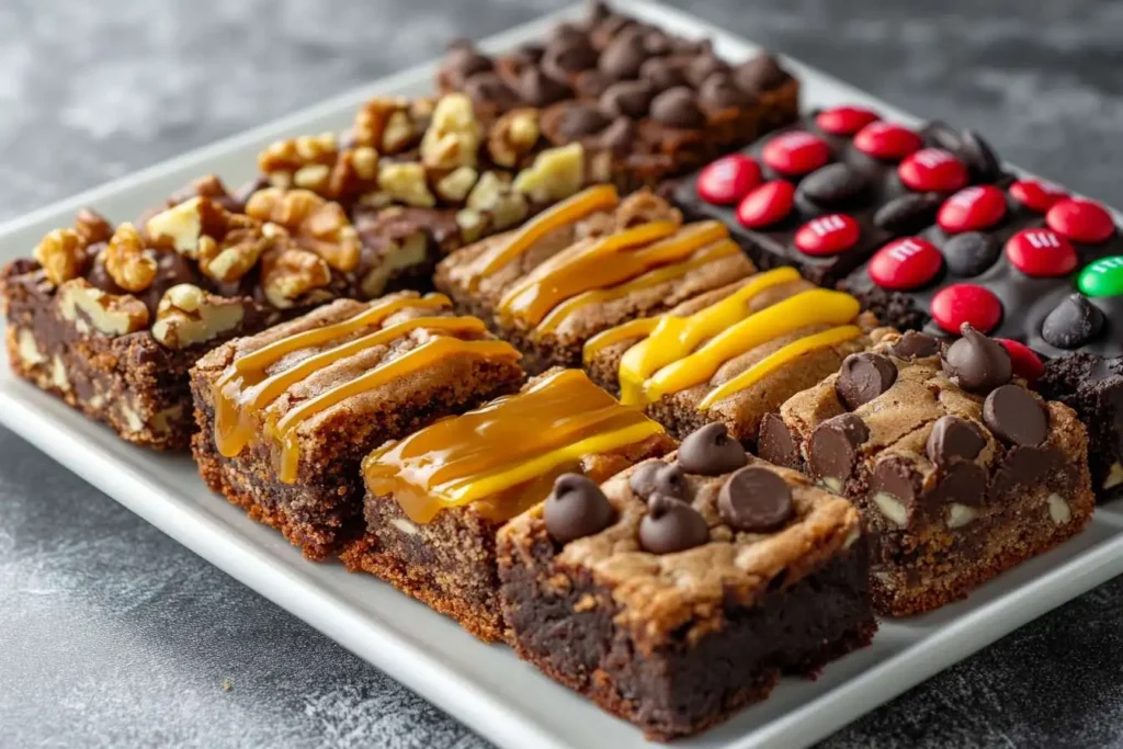 Chocolate chip cookie bars with caramel, nuts, and M&Ms.