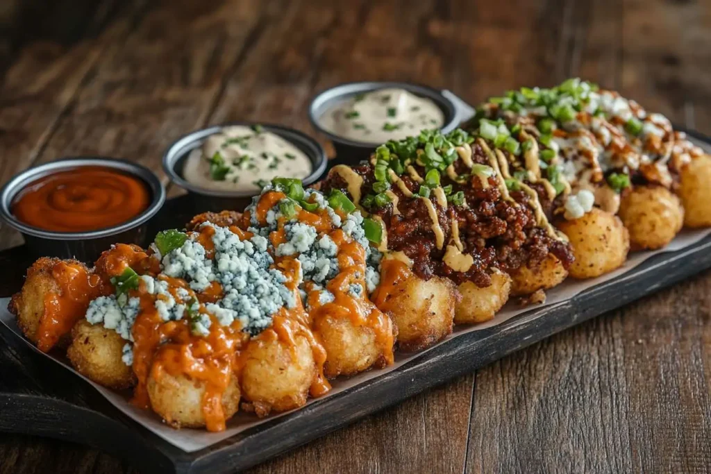 Three different styles of loaded tater tots with unique toppings