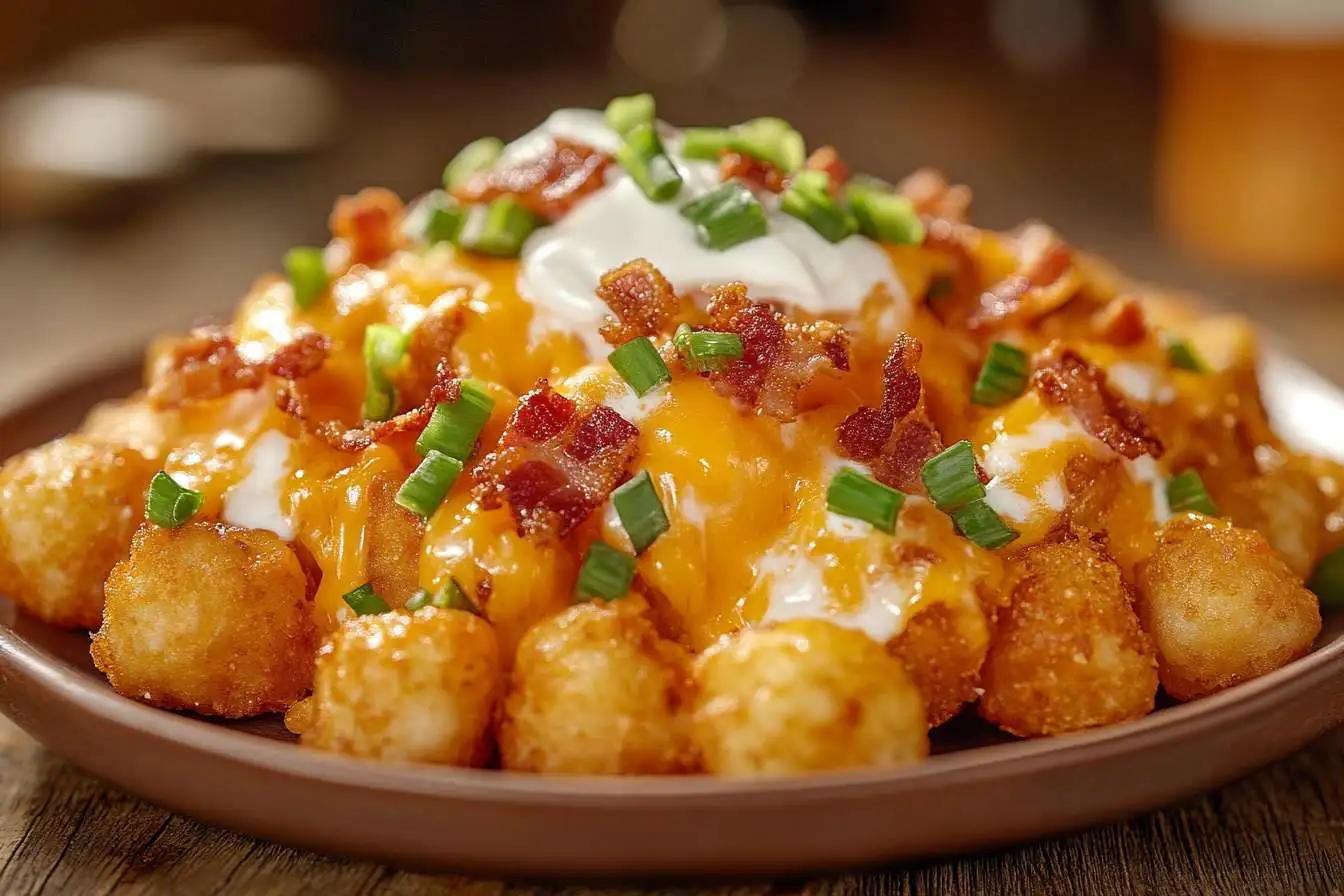 Crispy loaded tater tots with melted cheese, bacon, and sour cream