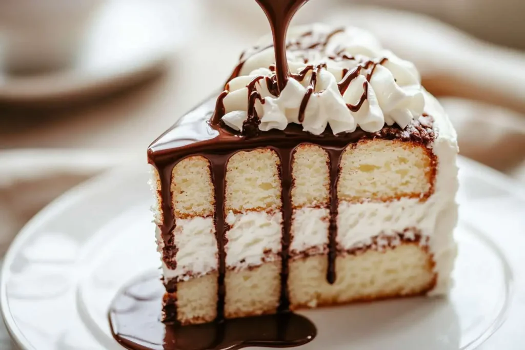 Chocolate drizzle on angel cake slice with fluffy frosting