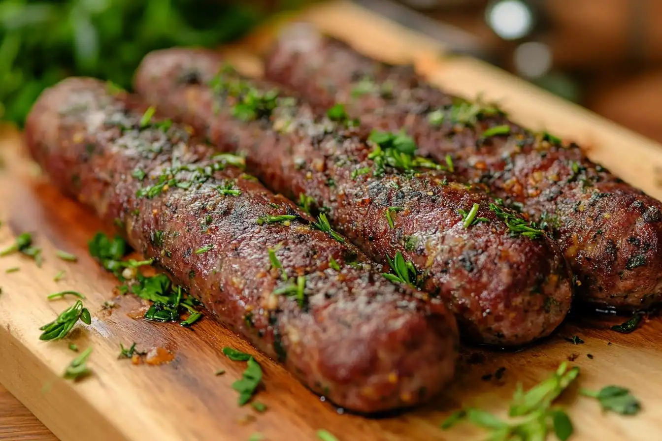 Homemade beef sausages on a wooden board, garnished with herbs and spices in a cozy kitchen setting.