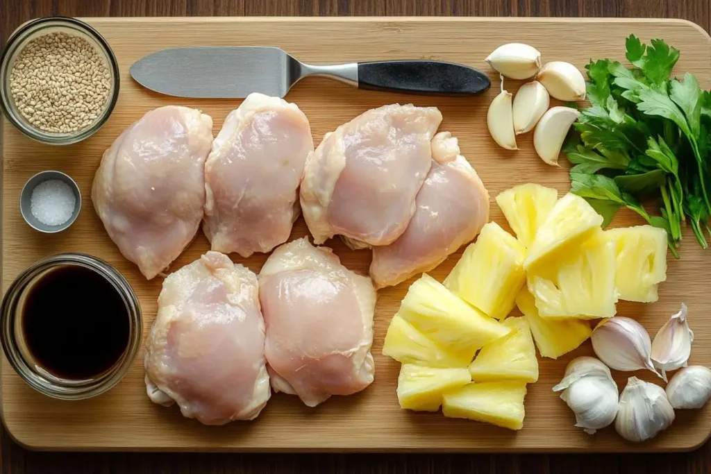 Fresh ingredients for an Asian-inspired chicken dish, including soy sauce, pineapple, garlic, and ginger, displayed on a wooden cutting board.