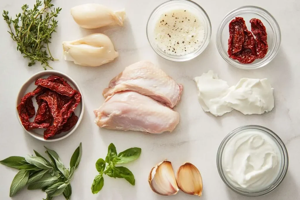 Ingredients for Marry Me Chicken Soup arranged on a countertop.