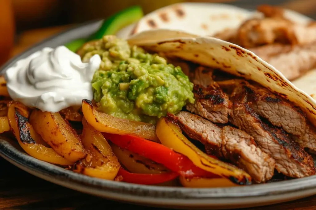 Steak and chicken fajitas assembled with peppers, onions, guacamole, and sour cream on a plate.