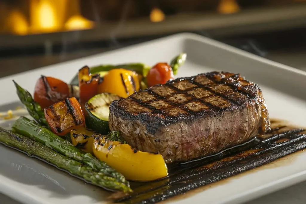 Seared steak and colorful grilled vegetables cooking on a griddle.