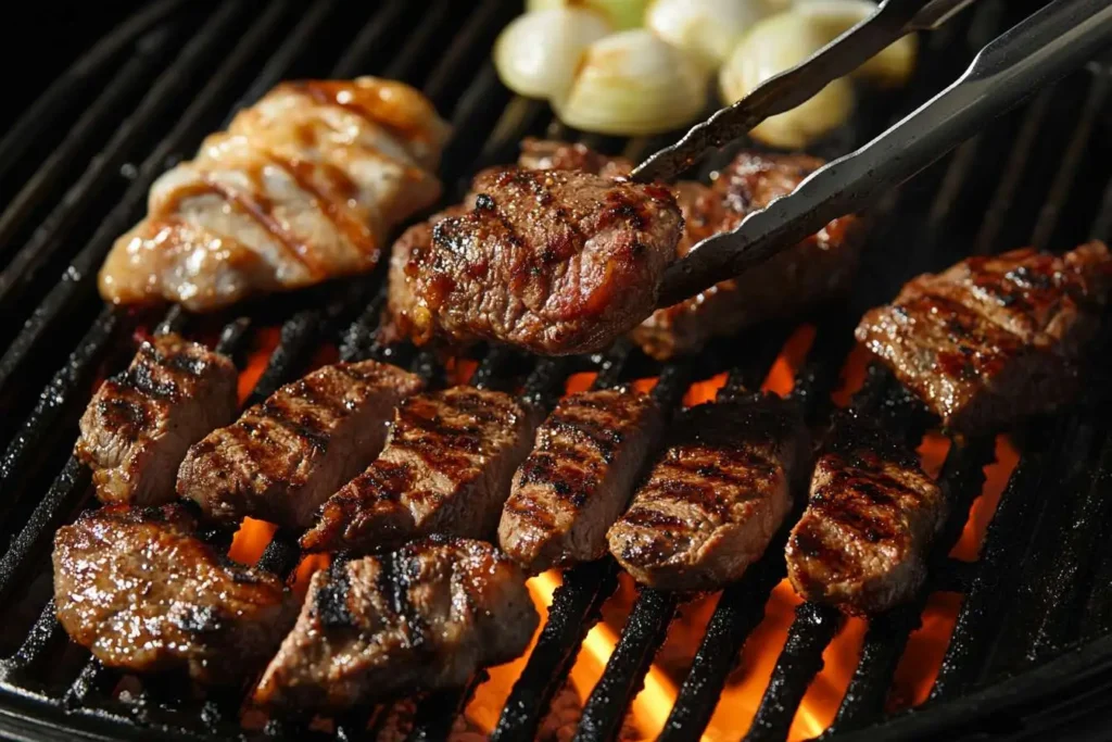 Steak and chicken grilling over an open flame with char marks, ready for fajitas.