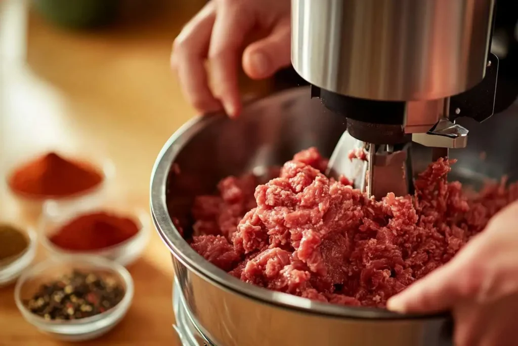 Hands grinding fresh beef meat using a meat grinder with seasonings prepared on the side.